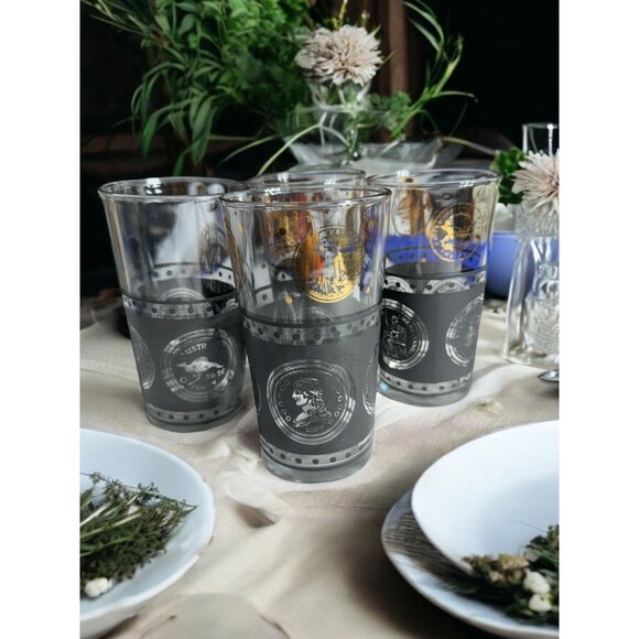 Vintage MCM Libbey Coin Design Highball Glass Set Of 4 - Picture 2 of 12